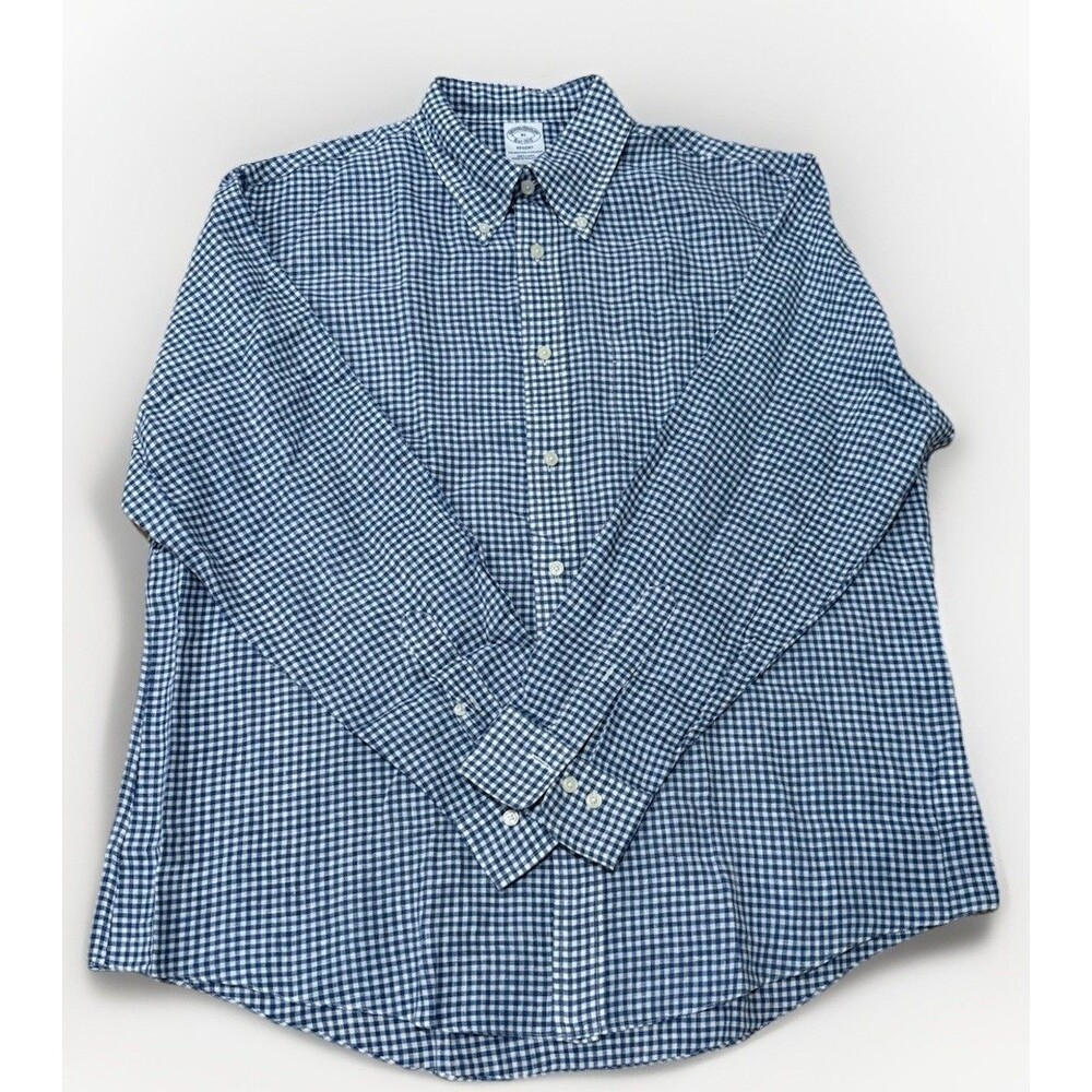 Brooks Brothers Shirt Mens Large Blue White Check Irish Linen Button Down Regent